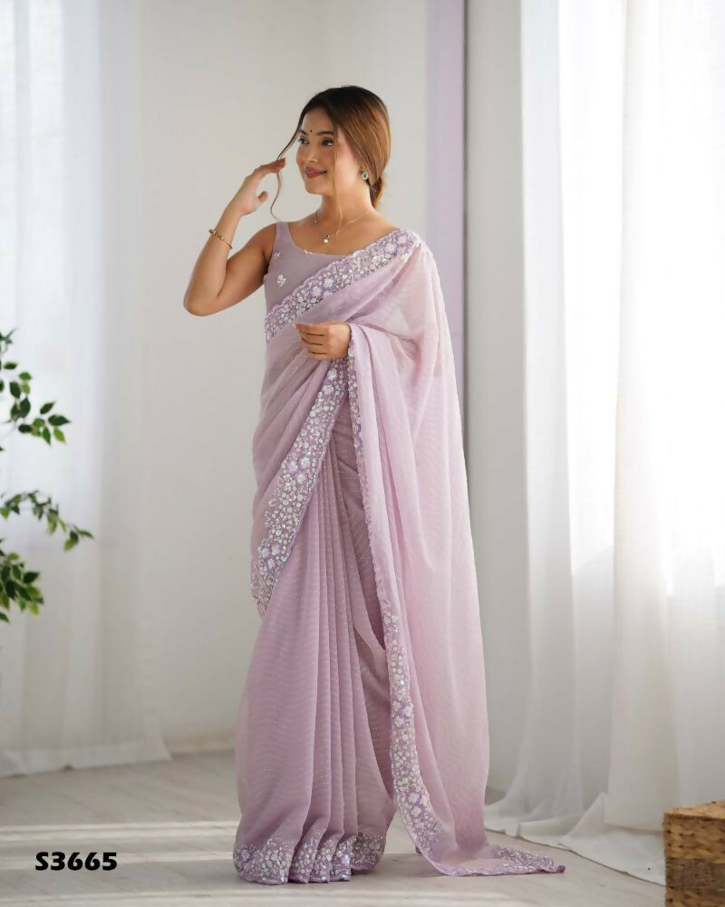 Georgette Designer Sequance Embroidery Work Party Wear Saree - Lavender | Grocsy