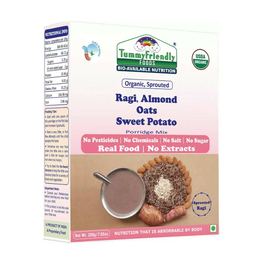 TummyFriendly Foods Certified Organic Sprouted Ragi, Almond, Oats, Sweet Potato Porridge Mix | Grocsy