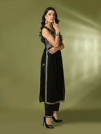 Myshka Women's Black Embroidered Georgette Anarkali Party Kurta Set | Grocsy