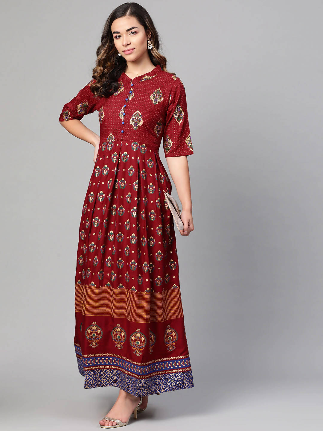 Myshka Maroon & Golden Ethnic Motifs Printed Cotton Maxi Dress | Grocsy