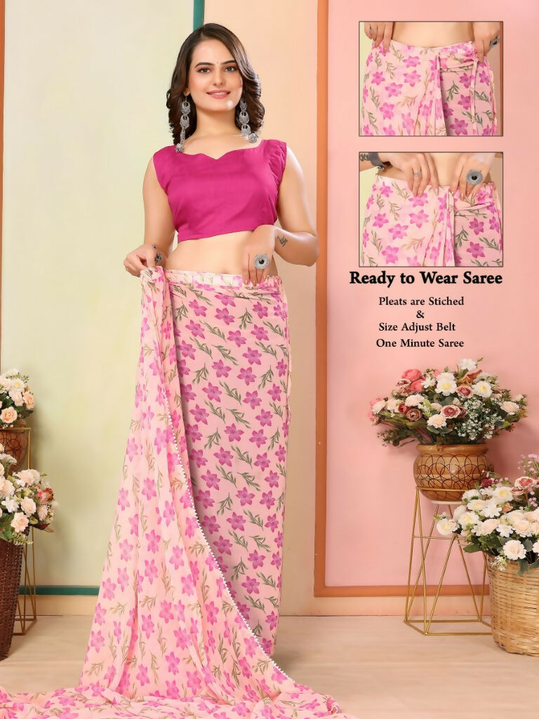 Pink Georgette Designer Printed Ready To Wear Saree - Elite | Grocsy