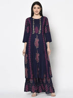 Aniyah Rayon Navy Blue Color Block Print A-line Flared Long Kurta With Two Front Slits (AN-215K) | Grocsy