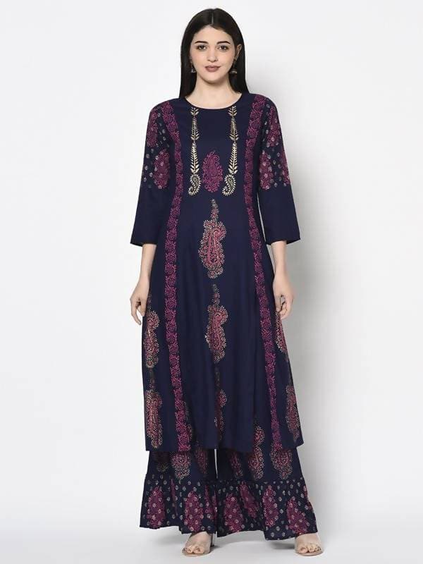 Aniyah Rayon Navy Blue Color Block Print A-line Flared Long Kurta With Two Front Slits (AN-215K) | Grocsy