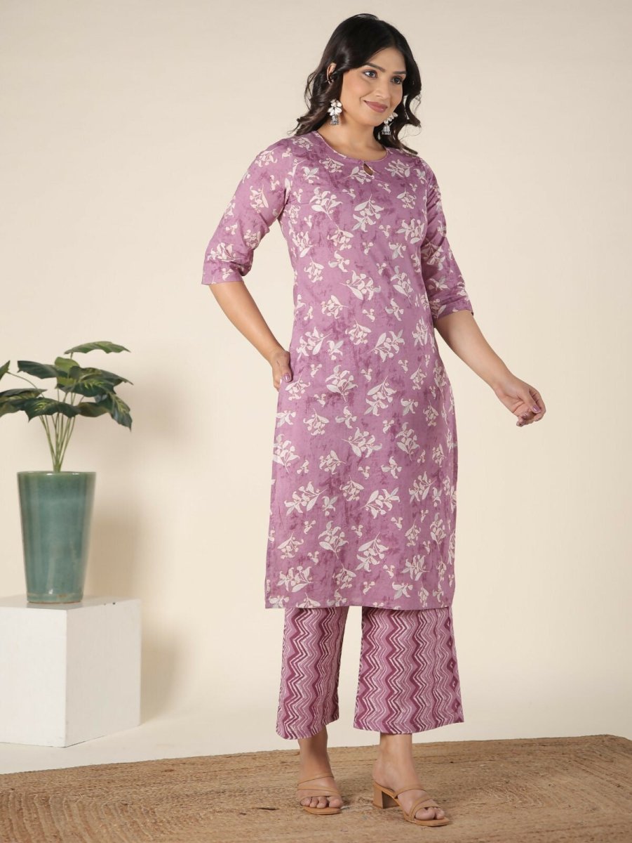 Aramya Pink Soft Cotton Floral Print Straight Kurta Set for Women | Grocsy