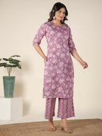 Aramya Pink Soft Cotton Floral Print Straight Kurta Set for Women | Grocsy