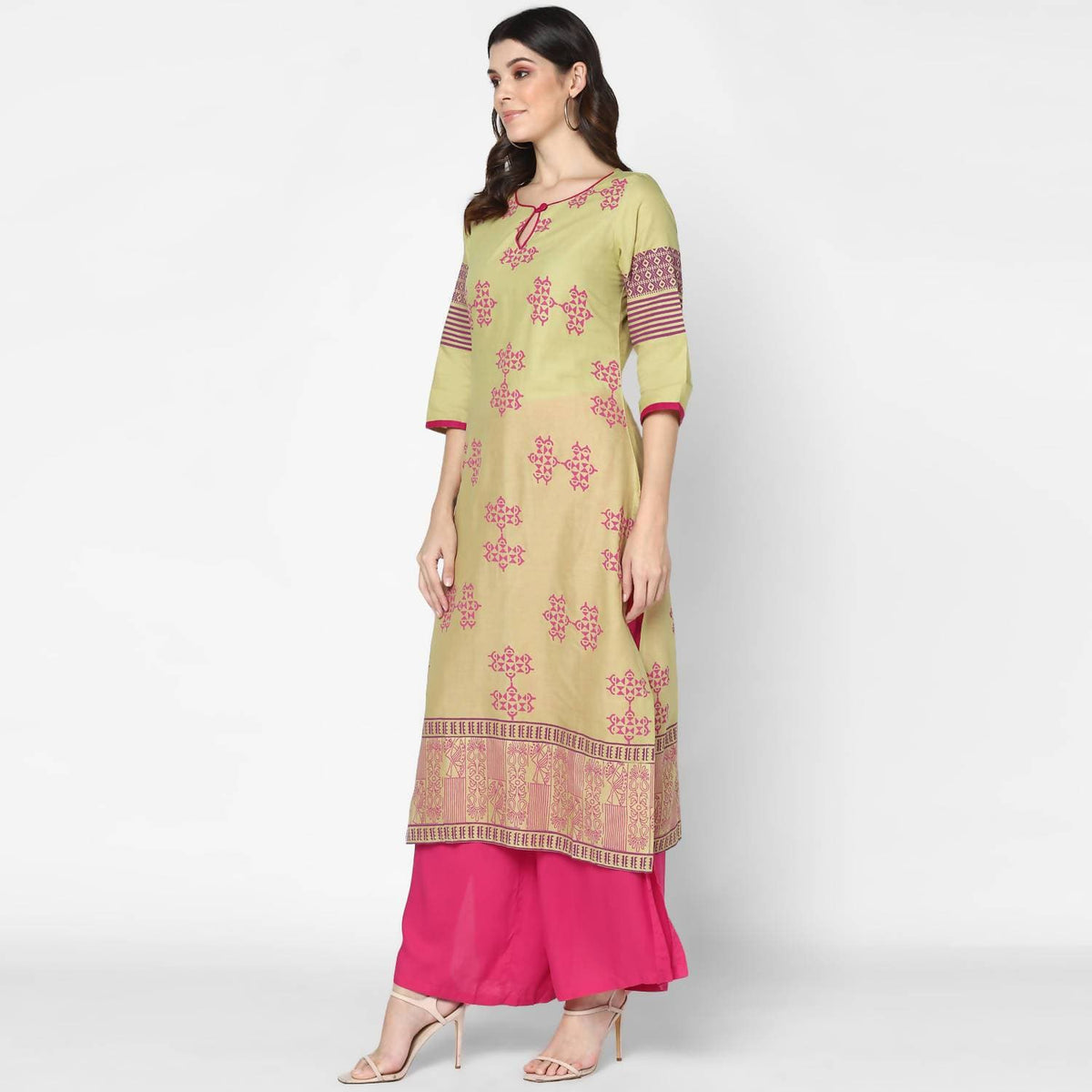 Cheera Hand Block Print Khaki Straight Kurta (MAAI-053K) | Grocsy
