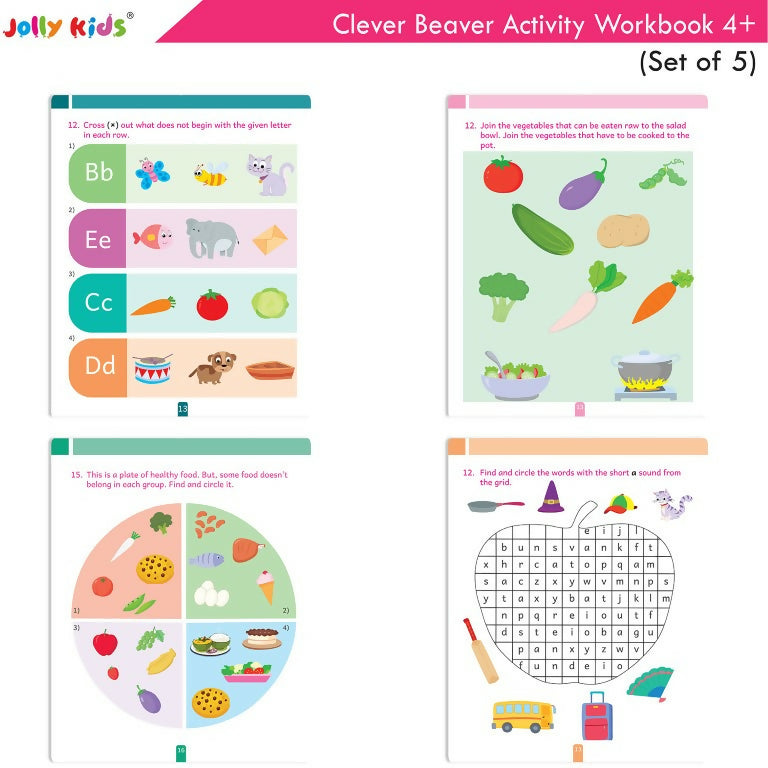Jolly Kids Clever Beaver Ages 4-5 Years Fun Learning Activities Workbooks Set of 5 | English-Maths-EVS-Good Habit-Logical Reasoning | Grocsy