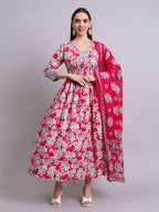 Joban Fashion Red Cotton Floral Printed & Embroidery Work Anarkali Dress With Dupatta Set | Grocsy