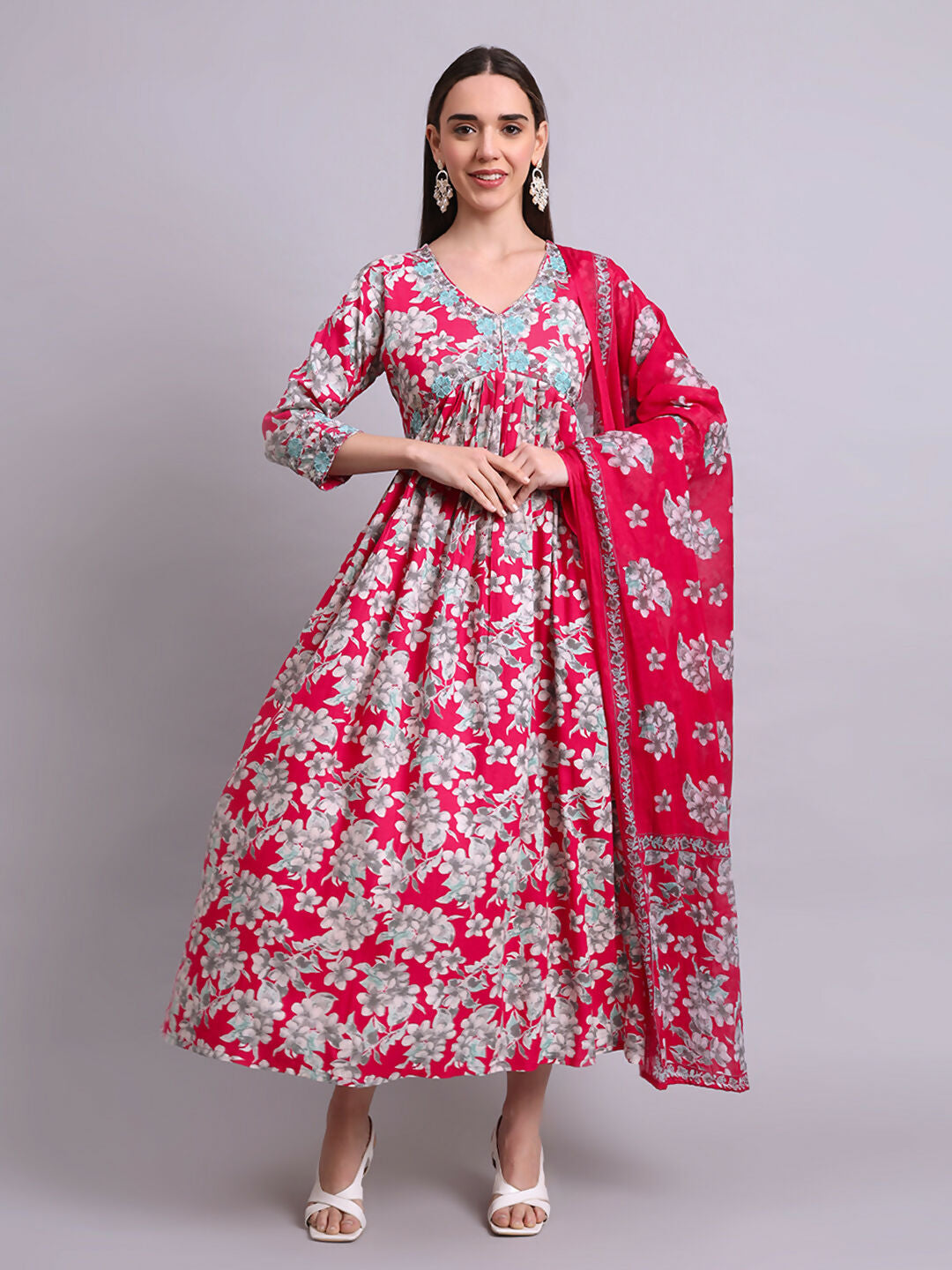 Joban Fashion Red Cotton Floral Printed & Embroidery Work Anarkali Dress With Dupatta Set | Grocsy