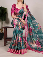 Vastranavya Green Tussar Silk Printed with Viscose Border Saree with Unstitched Blouse | Grocsy