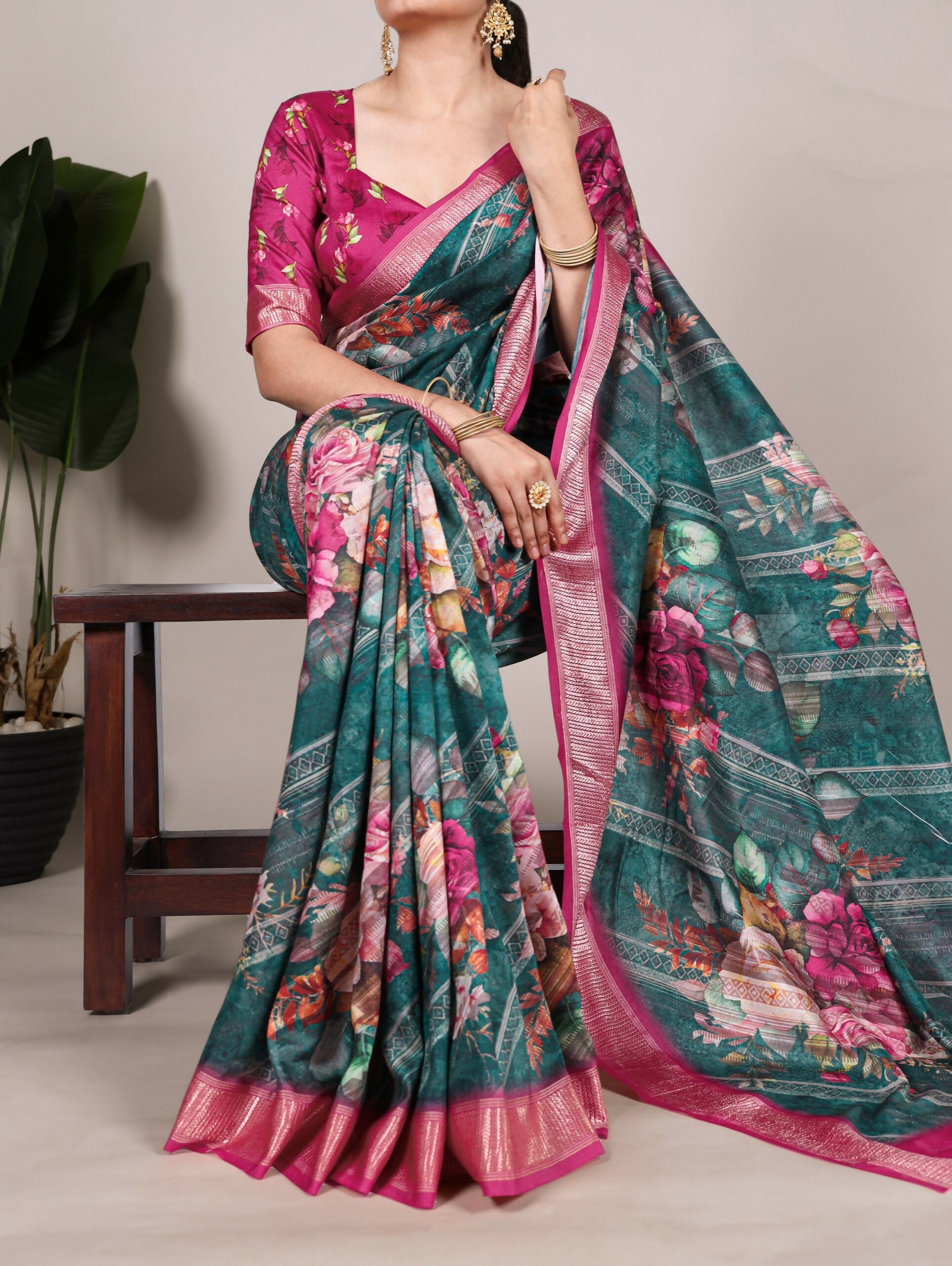 Vastranavya Green Tussar Silk Printed with Viscose Border Saree with Unstitched Blouse | Grocsy