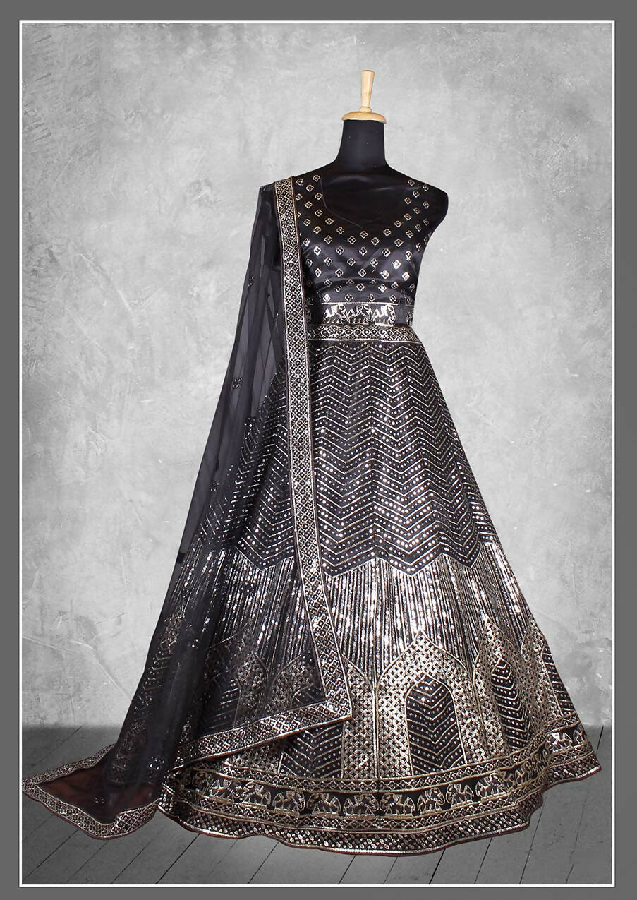 Black Satin Silk Cord and sequins Floral embroidery Bridal lahenga Choli with Dupatta - Nimaya Pavitra Rista | Grocsy