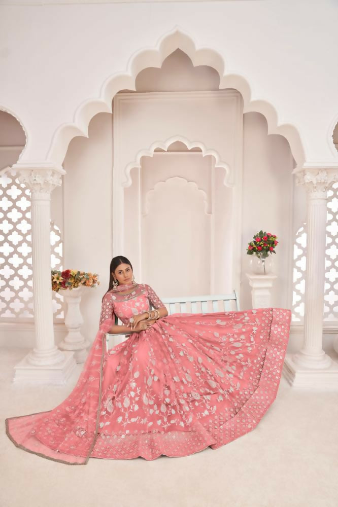 Aastha Fashion Gajari Butterfly Net White Cotton Thread Work, Zari Work And Sandwich Sequence Work Embroidery Wedding Wear Lehenga Choli | Grocsy