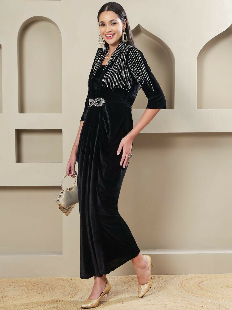Joban Fashion Women Black Velvet Hand Embellishment Stitched Dress | Grocsy