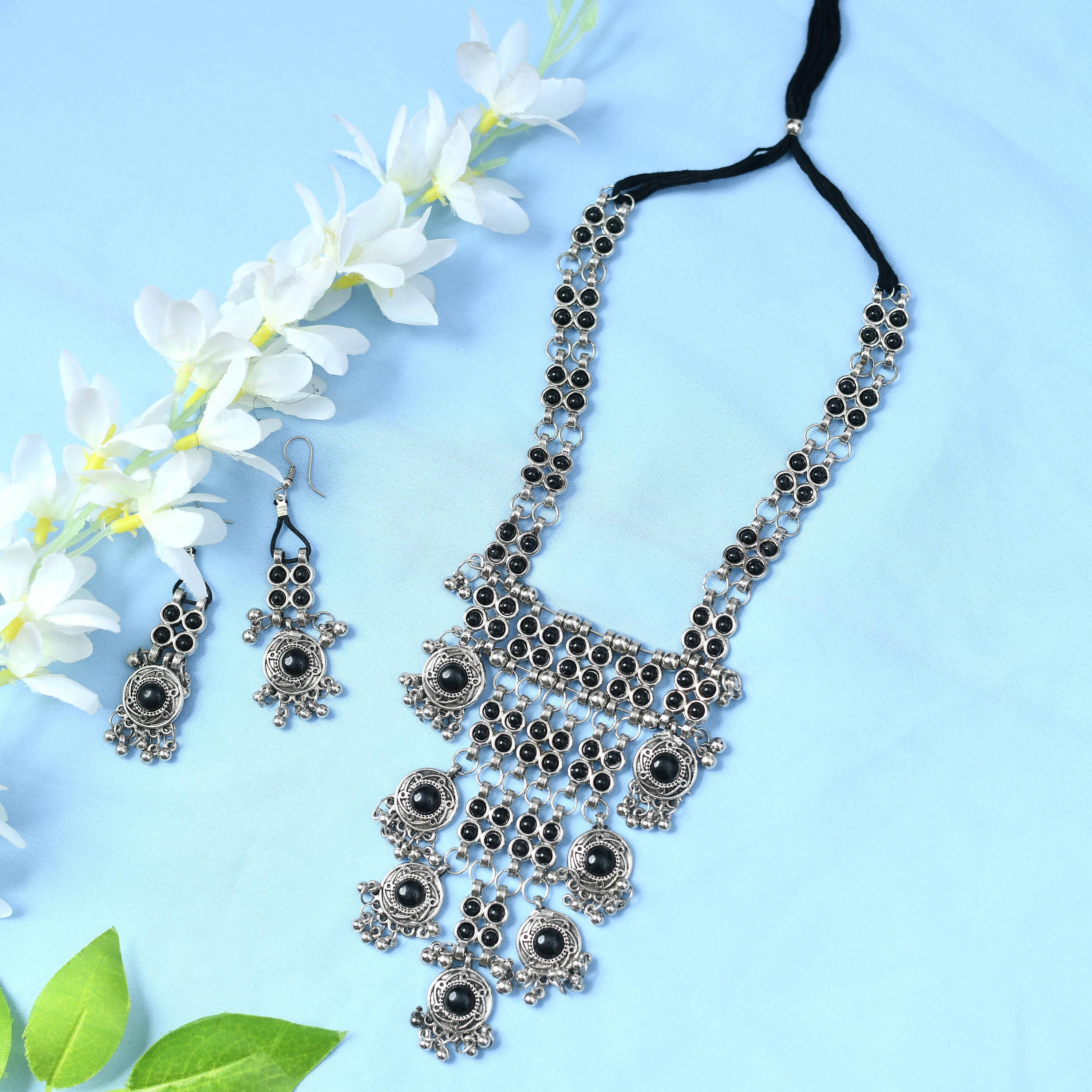 Mominos Fashion Johar Kamal Oxidised Silver-Plated Brass Finish Black Kundan Afghani Long Necklace For Women | Grocsy