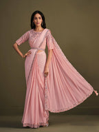 Peach Georgette Crepe Silk Sequence Embroidered Saree With Stitched Blouse - Mohmanthan La Belle | Grocsy