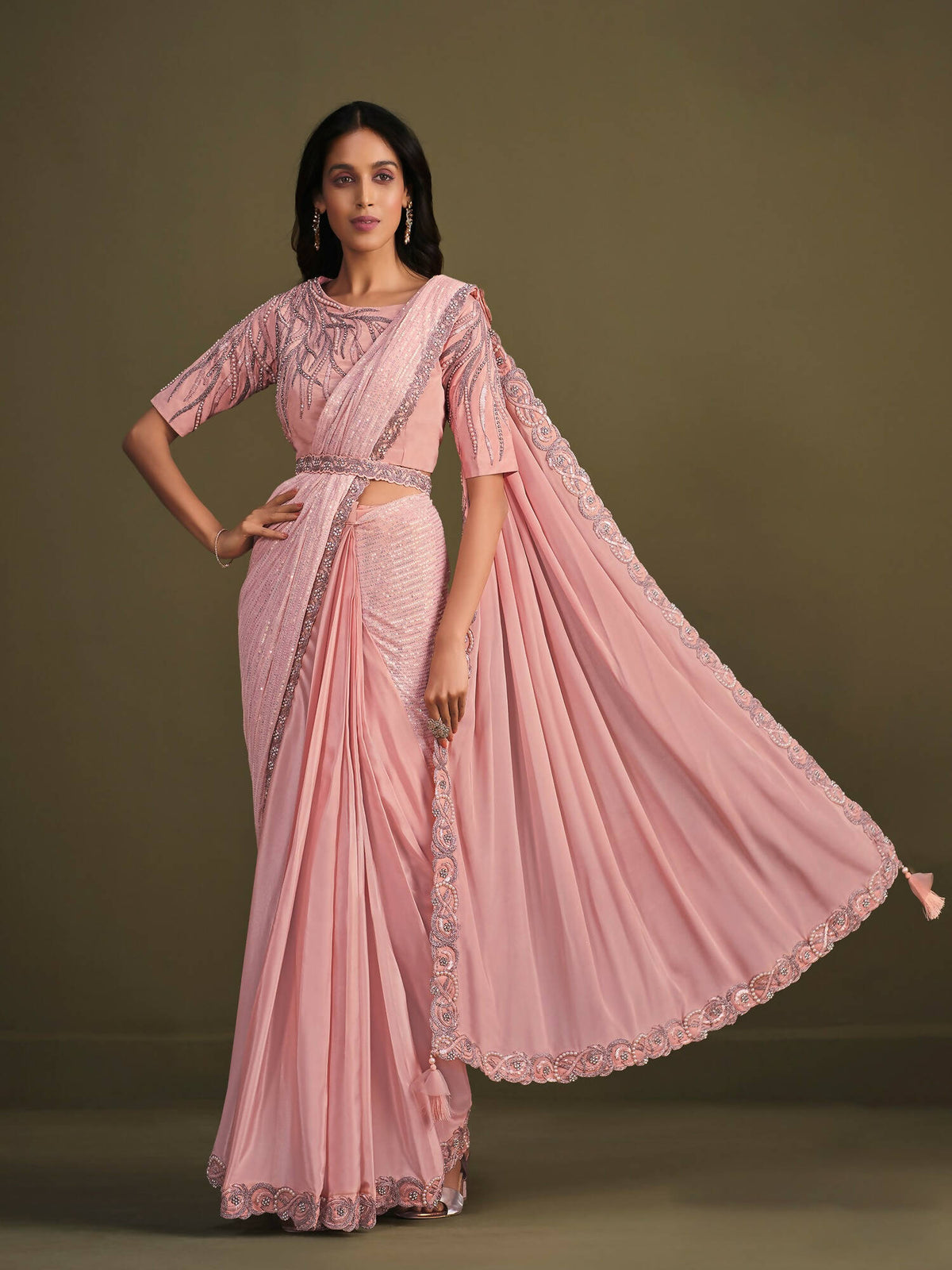 Peach Georgette Crepe Silk Sequence Embroidered Saree With Stitched Blouse - Mohmanthan La Belle | Grocsy