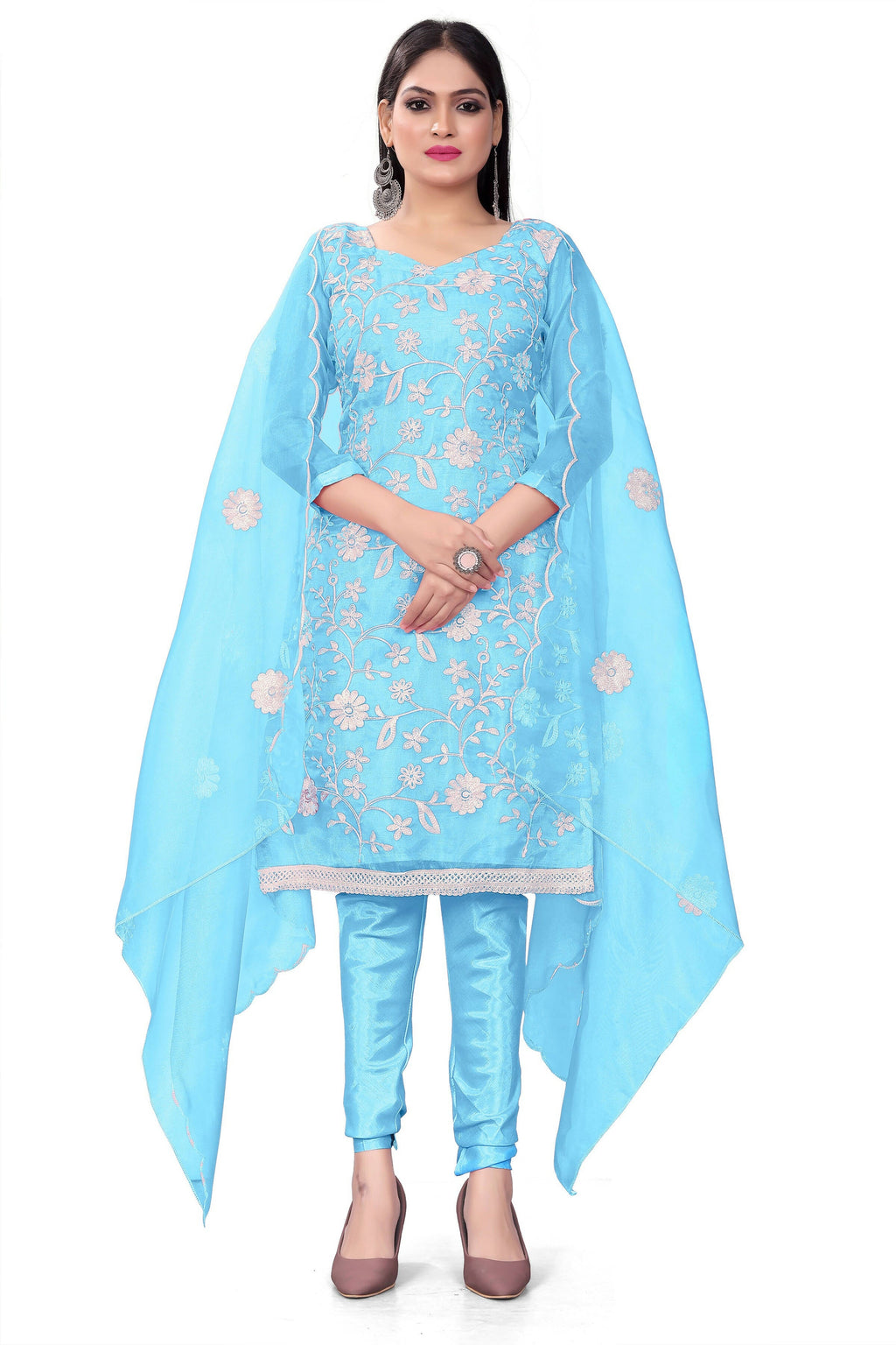 Sky Blue Organza Silk Embroidered Work Unstitched Dress Material - Tanvi | Grocsy