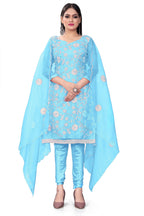 Sky Blue Organza Silk Embroidered Work Unstitched Dress Material - Tanvi | Grocsy