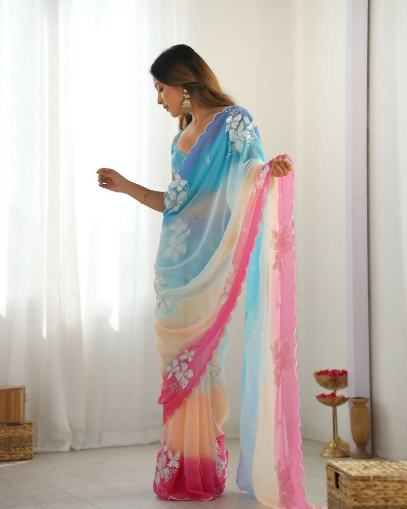 Sky Blue Georgette Pedding Color, Embroidery Work Party Wear Saree - Erisha | Grocsy