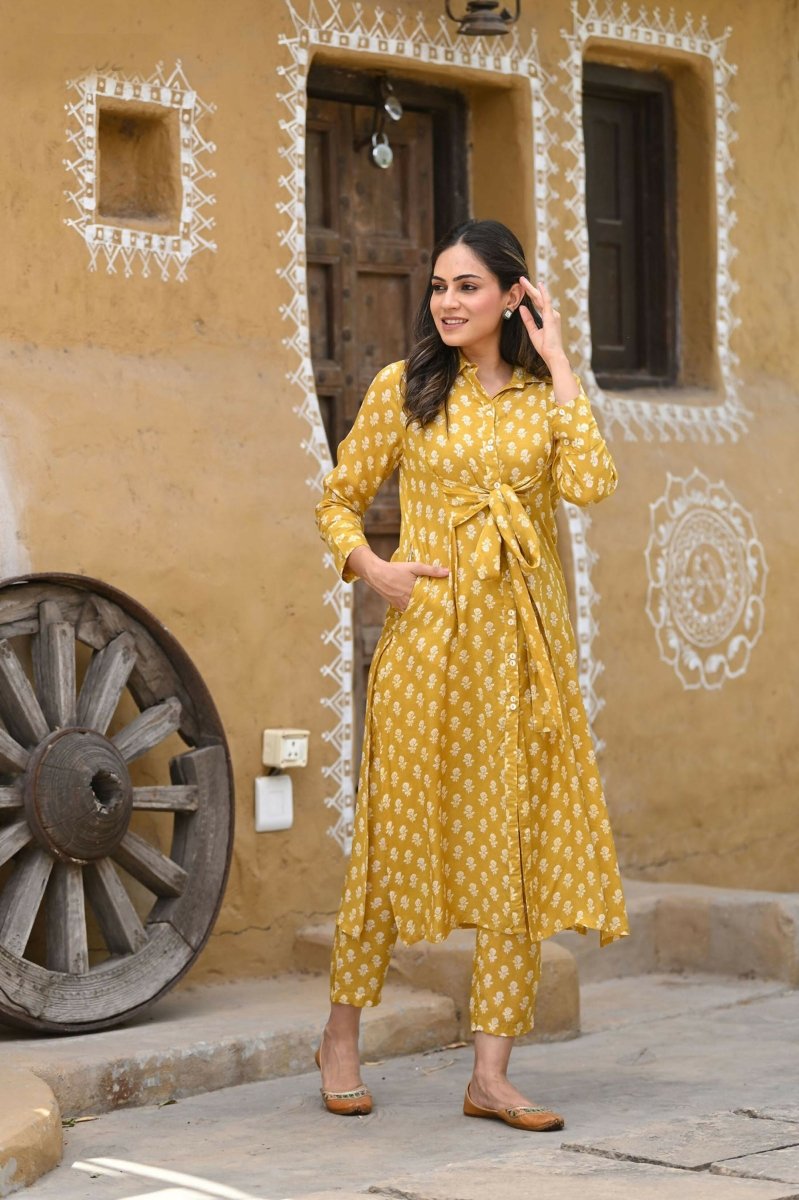 Aayaa Pure Muslin printed Kurti & Pant - Mustard yellow | Grocsy