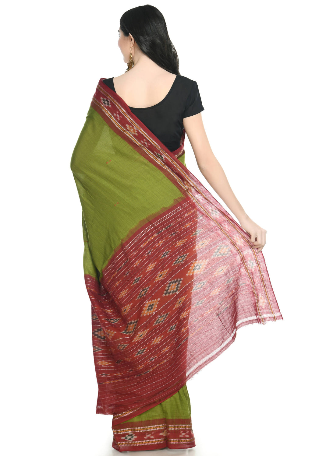 Vamika Sambalpuri Ikat Cotton Rekhabala Buti Green & Red Saree | Grocsy