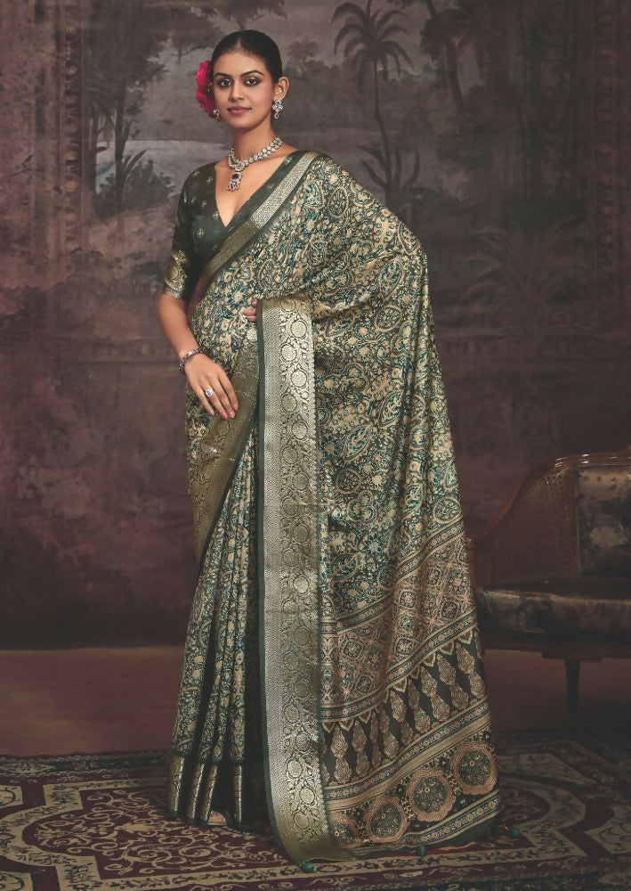 Joban Fashion Mehendi Green Dola Tussar Silk Self Jacquard Border Saree | Grocsy