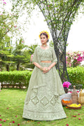 Light Green Net Embroidered Semi Stitched Lehenga Choli with Dupatta - Bhagya | Grocsy