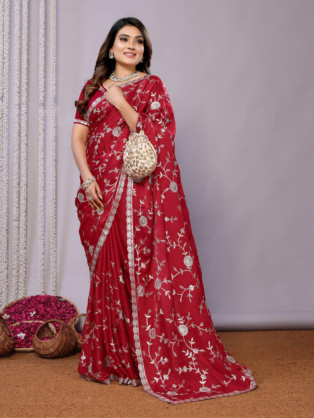 Red Pure Satin Embroidered Saree With Stitched Blouse - Nimaya Kaksha | Grocsy
