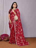 Red Pure Satin Embroidered Saree With Stitched Blouse - Nimaya Kaksha | Grocsy
