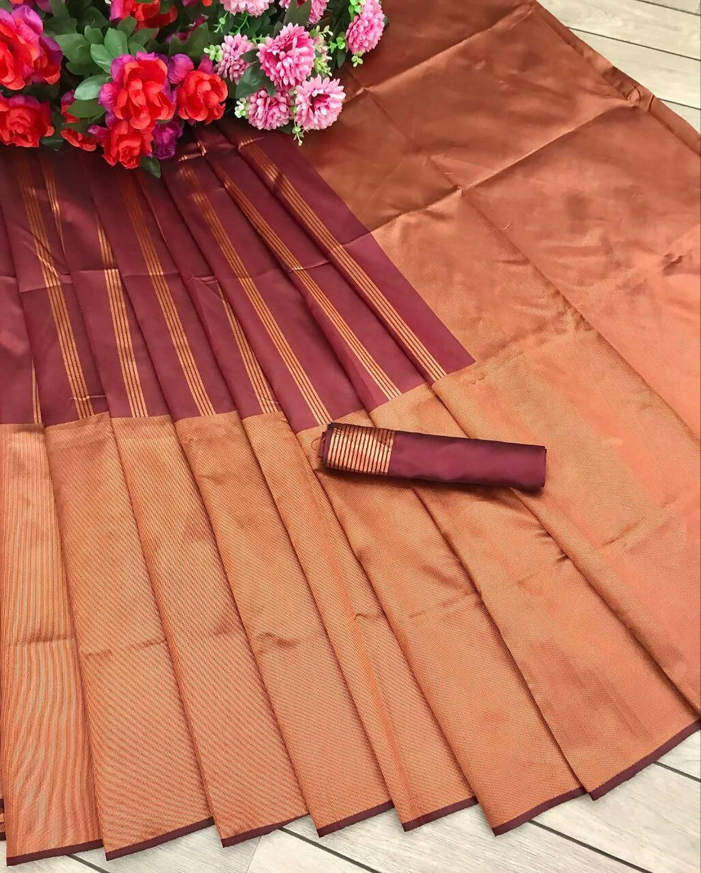 DEIANA'S Beautiful Designer Golden zari Soft Lichi Silk Saree - Brown | Grocsy