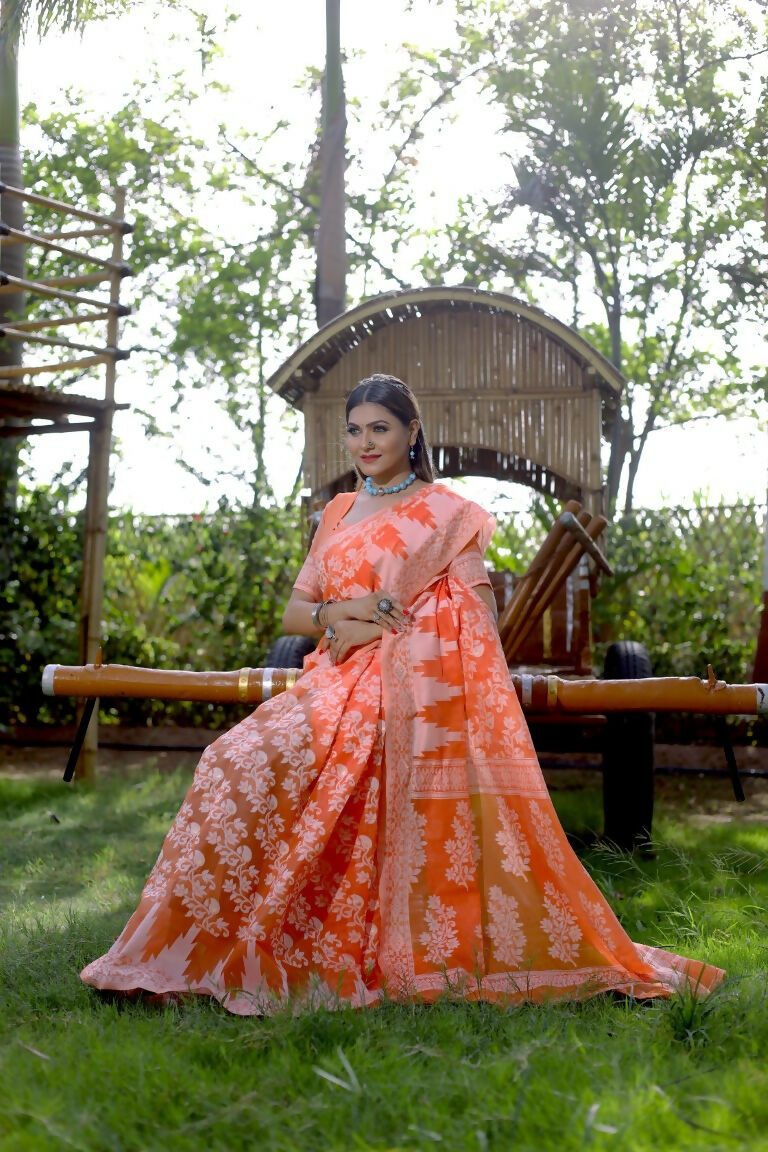 Partywear Designer Orange Jamdani contton Fancy Saree - Starwalk | Grocsy
