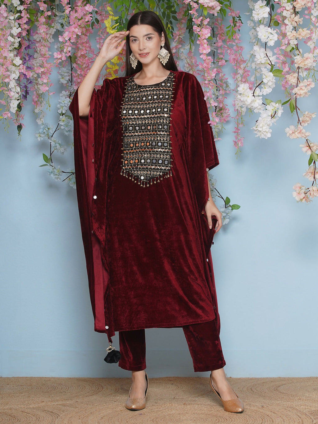 Joban Fashion Maroon Velvet Hand Embellished Kaftaan Set | Grocsy