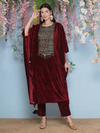 Joban Fashion Maroon Velvet Hand Embellished Kaftaan Set | Grocsy