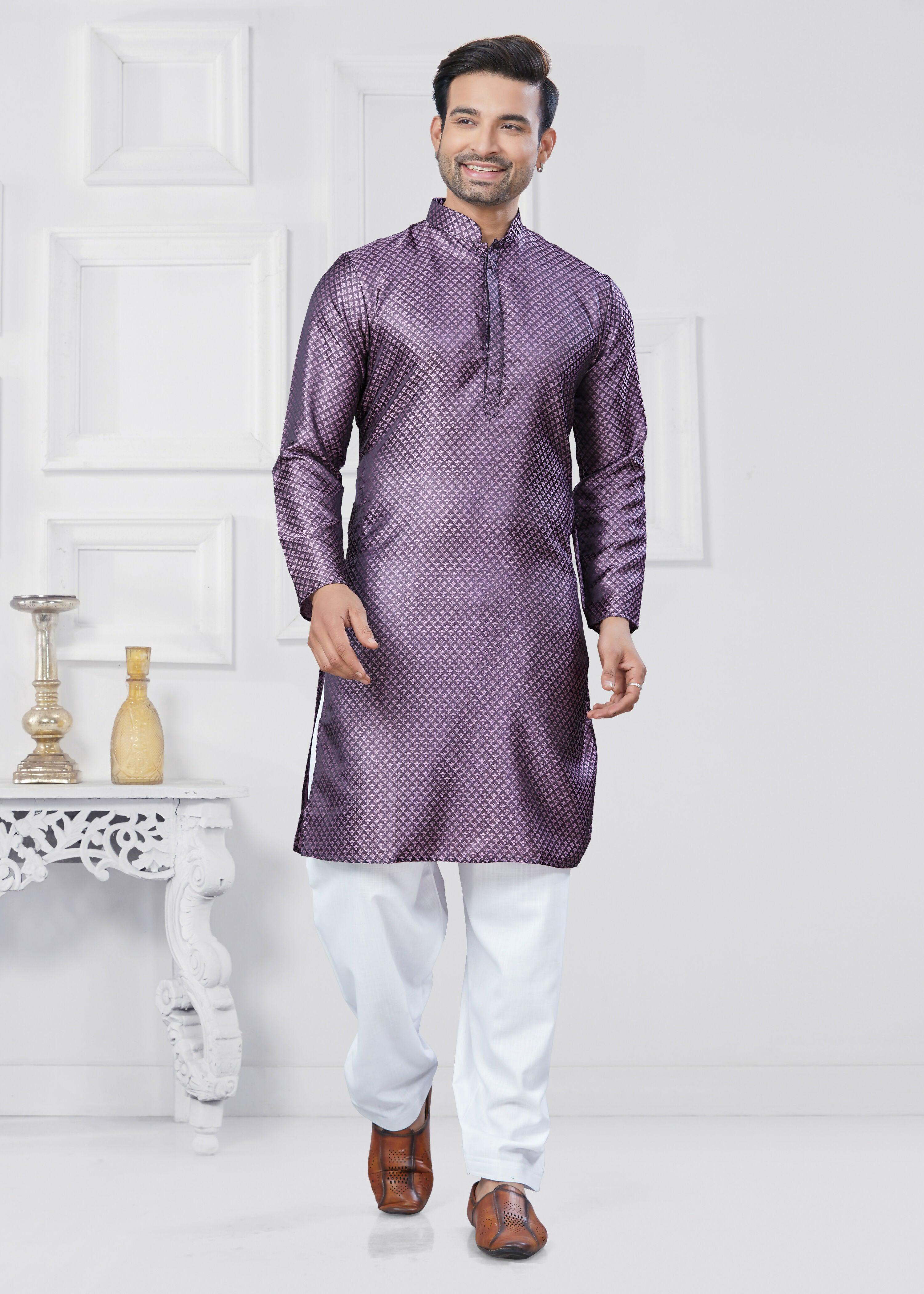 Joban Fashion Men's Jacquard Silk Purple Printed Kurta Pyjama set | Grocsy