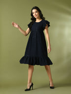 Myshka Women's Navy Blue Embroidered Cotton Round Neck A-Line Party Dress | Grocsy