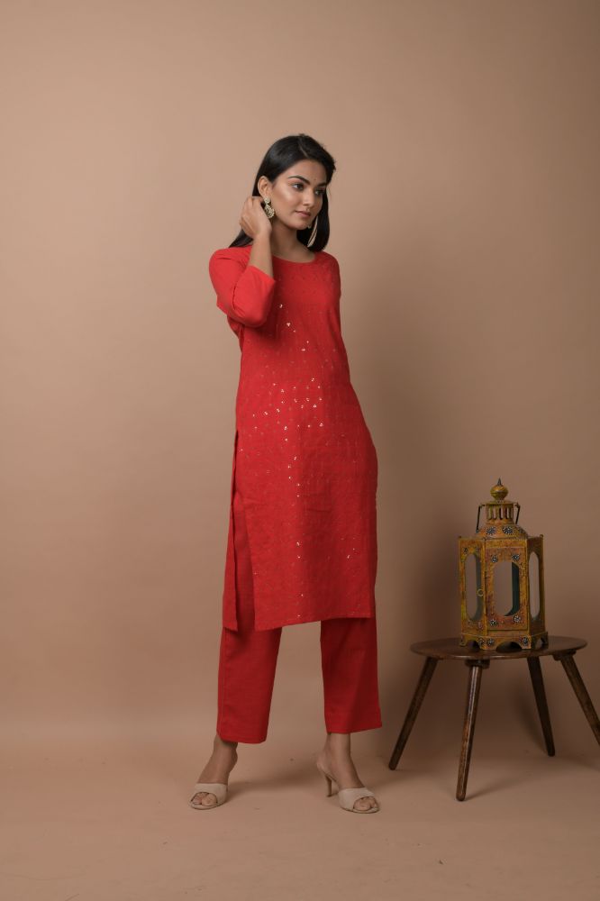 Kaajh Women's Red Solid Sequins Embellished Kurta Pant Set | Grocsy