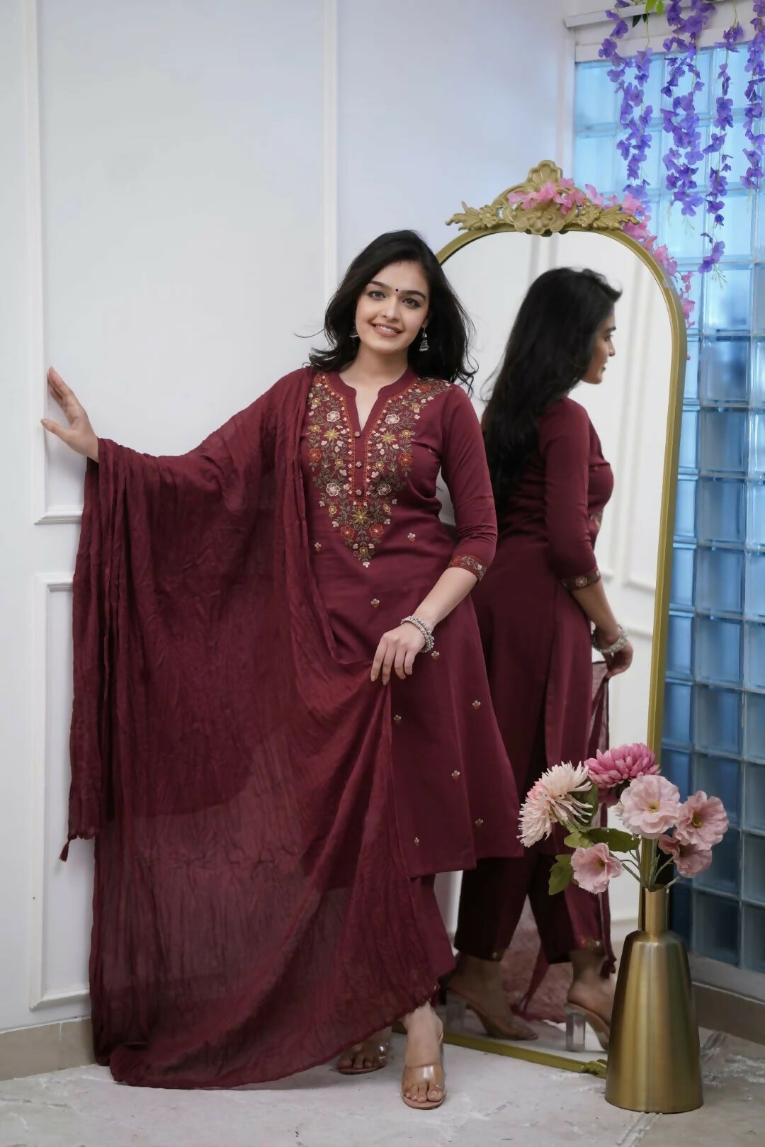 The52 Women's Beautiful Rayon Slub Fabric Thread Work Straight Kurta Pant and Dupatta Set | Grocsy