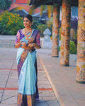 DEIANA'S Beautiful Designer Golden zari Soft Lichi Silk Saree - Sky | Grocsy