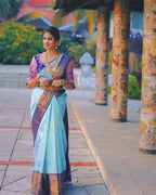 DEIANA'S Beautiful Designer Golden zari Soft Lichi Silk Saree - Sky | Grocsy