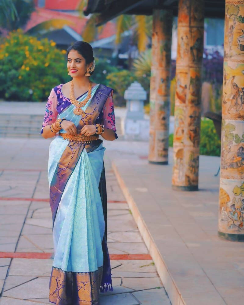 DEIANA'S Beautiful Designer Golden zari Soft Lichi Silk Saree - Sky | Grocsy