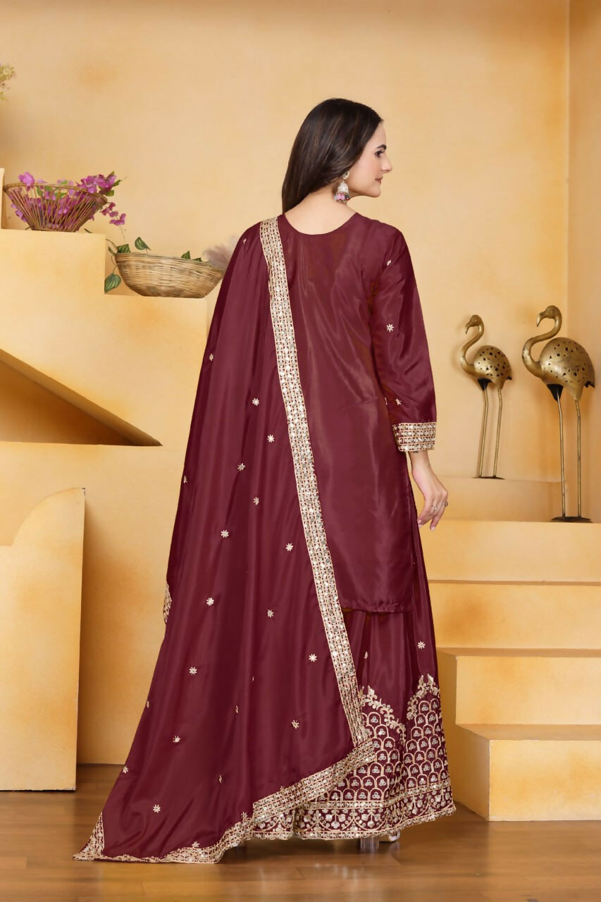 Teeya Creation Maroon Color Natural Crepe Silk Wedding Wear Trending Palazzo Set | Grocsy
