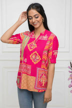 Myshka Women Red Floral Mandarin Collar Regular Sleeves Viscose Rayon Top | Grocsy