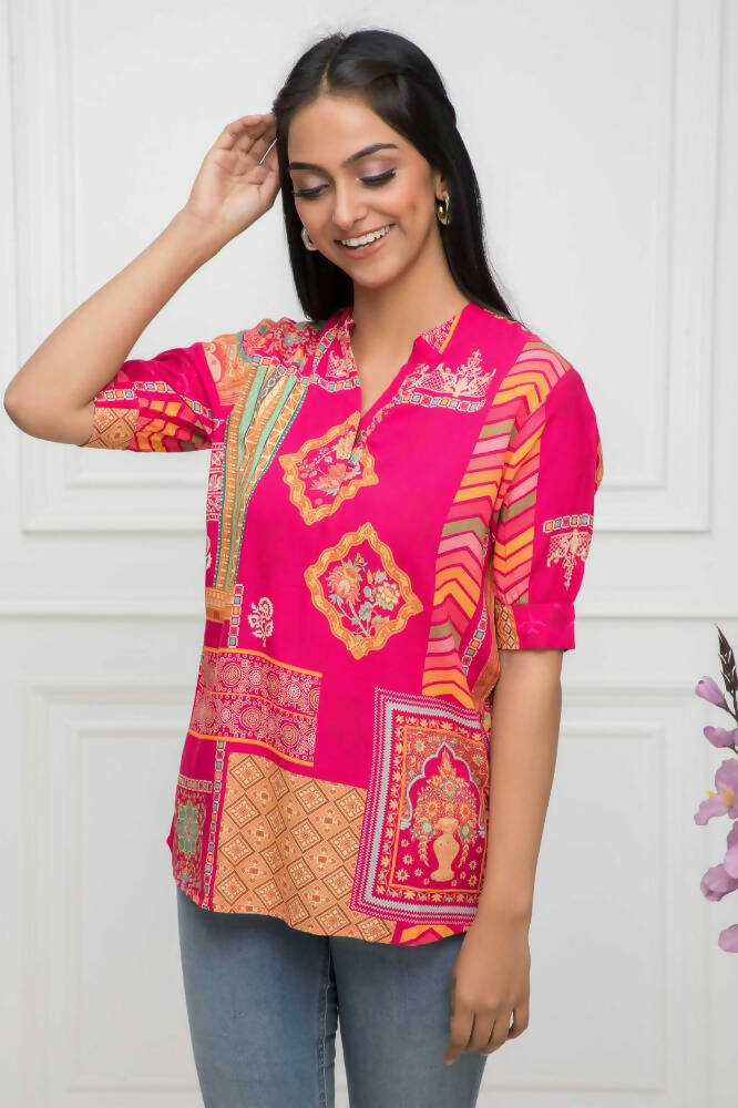 Myshka Women Red Floral Mandarin Collar Regular Sleeves Viscose Rayon Top | Grocsy