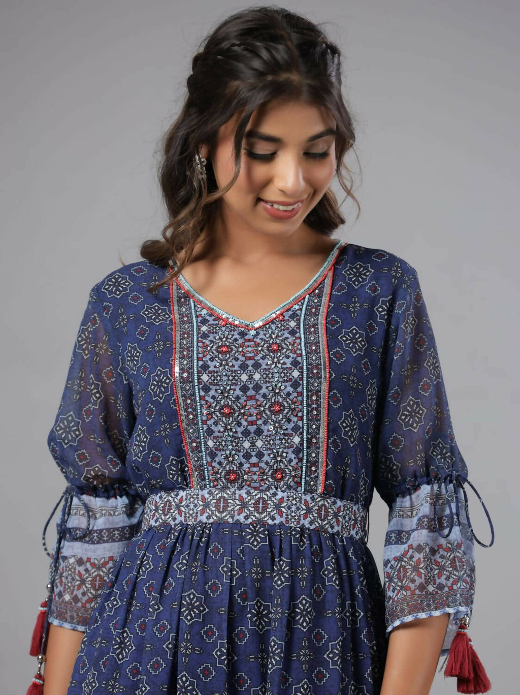 Juniper Women Navy Blue Georgette Geometric Printed Tiered Maxi Dress | Grocsy