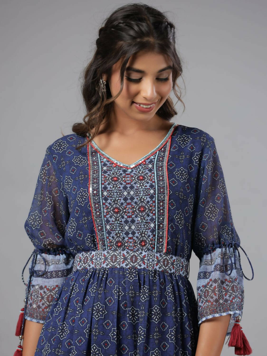 Juniper Women Navy Blue Georgette Geometric Printed Tiered Maxi Dress | Grocsy