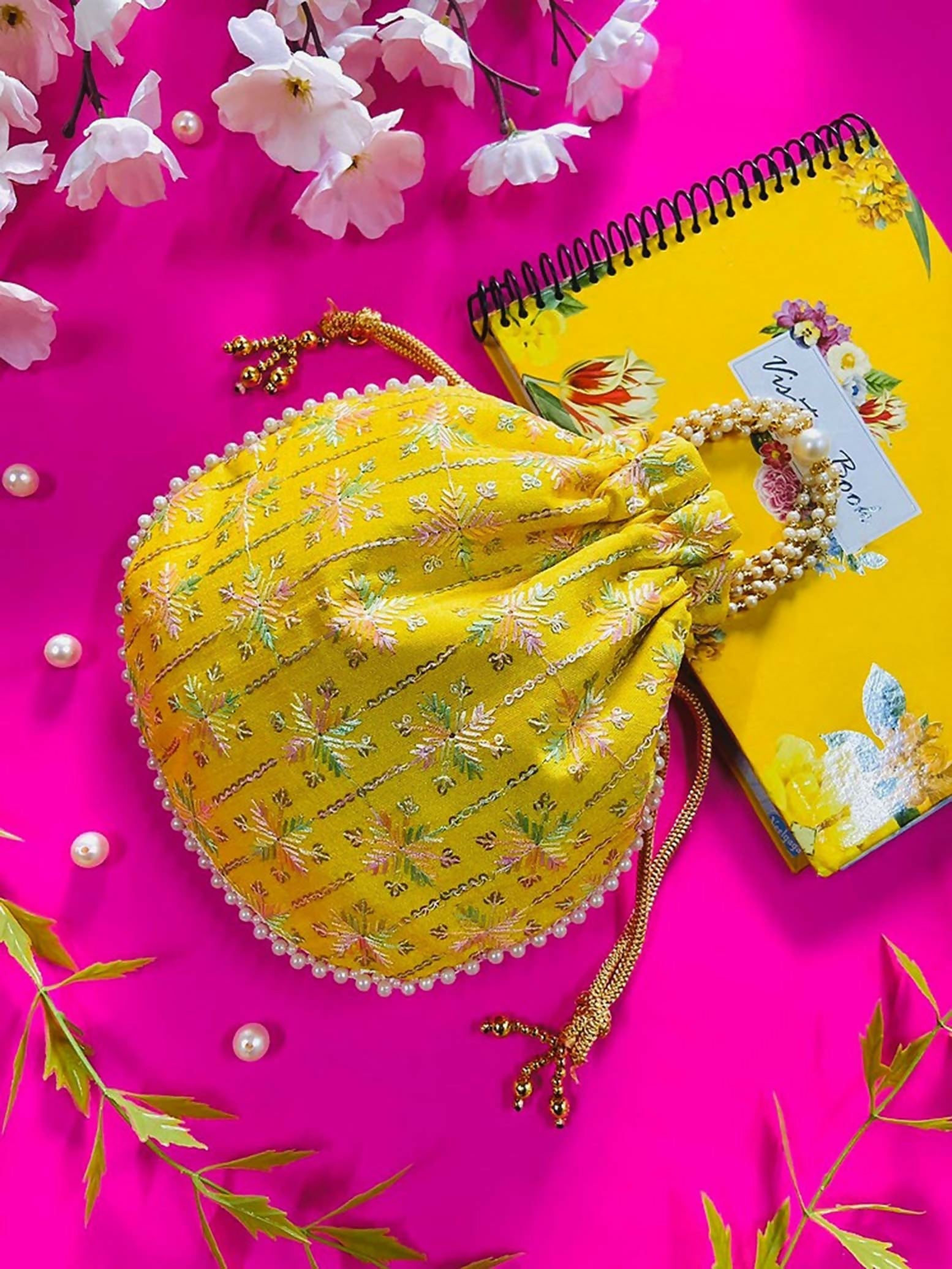 Joban Fashion Pearl Hand Work Potli Bag - Yellow | Grocsy