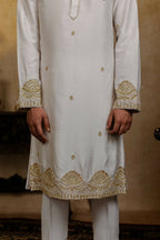 Falling Raw Silk White Mandala Kurta Set By Hilo Design | Grocsy