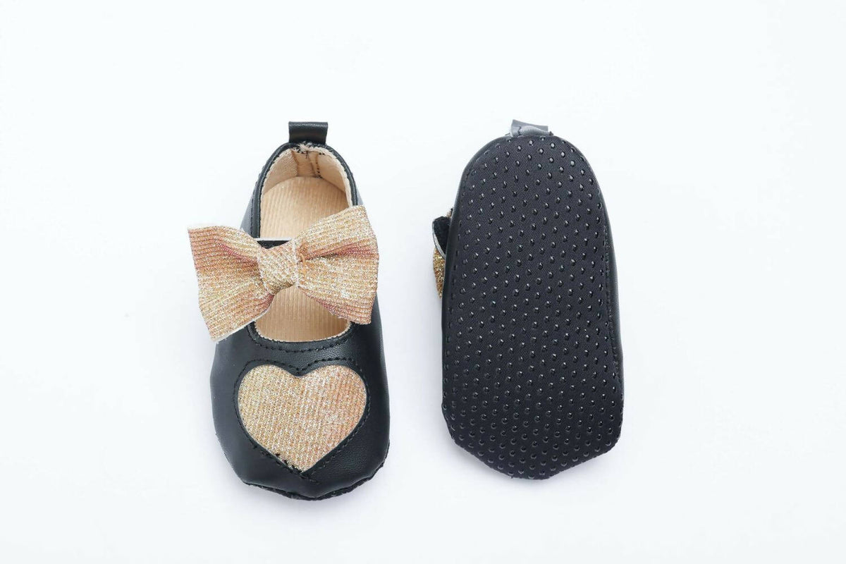 Tiny Bugs Girls Heart Bow Detailing Booties - Black & Gold | Grocsy