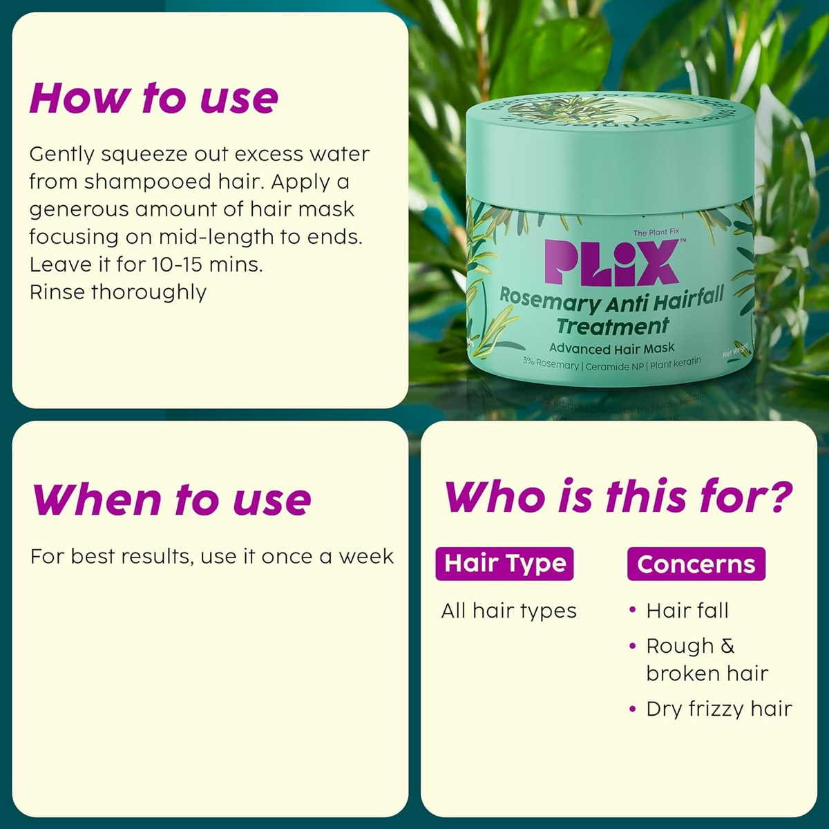 PLIX The Plant Fix Rosemary Anti-Hair Fall Treatment Advanced Hair Mask With 3% Rosemary Extract | Grocsy